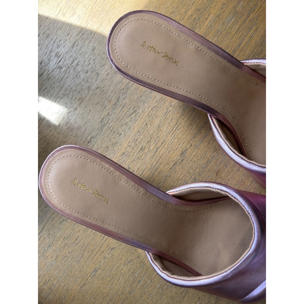 & Other Stories Metallic Pink Leather Square Toe Kitten Heel Mules Size 10 - Picture 3 of 9